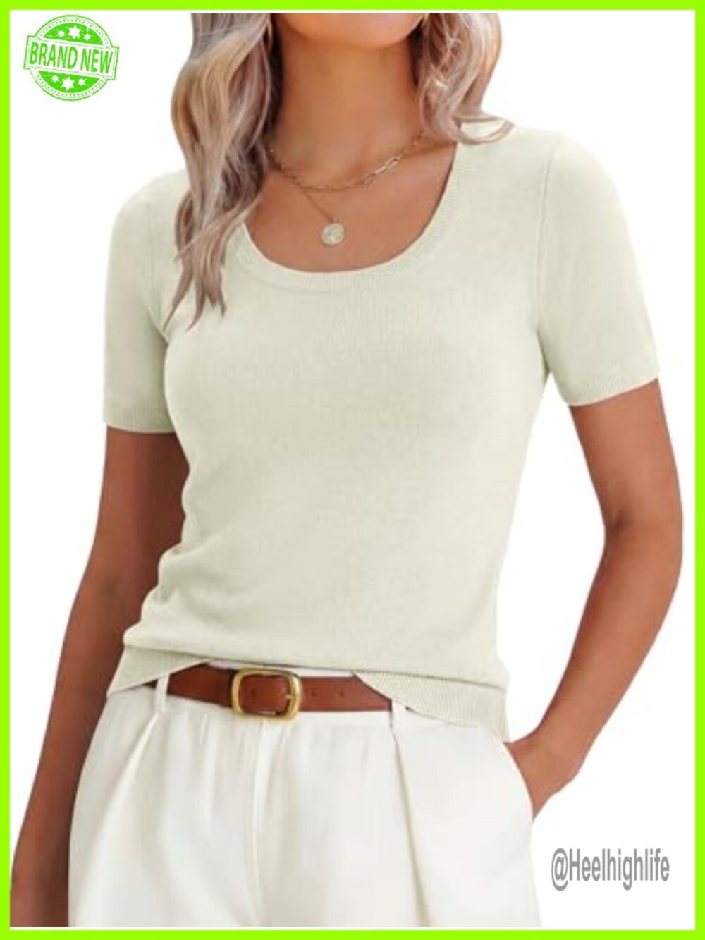 Wool Blend Short Sleeve Scoop Neck Knit Sweater Slim Fit Pullover